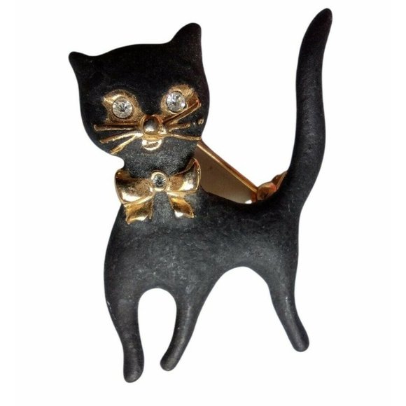 Vintage Jewelry - Vintage Black Cat Brooch Pin Gold Tone Rhinestones Halloween Salem